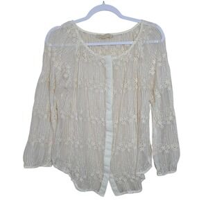 Ivory Sheer Embroidered Lace Button Up Top L Boho Romantic Cottagecore Peasant
